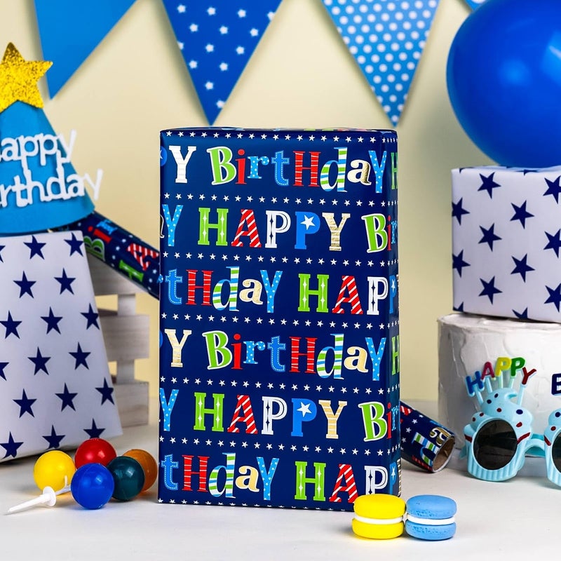 MAYPLUSS Happy Birthday Wrapping Paper Roll - 17 Inch X 16.5 Feet - Metallic Navy Blue Star Birthday Gift Wrapping Paper for Men, Boy, Baby Shower, Holiday - Image 2